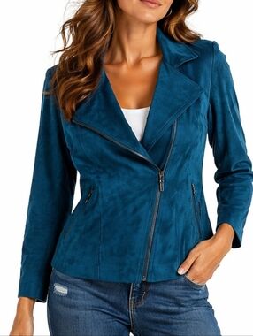 Chico's Teal Soft Faux Suede Asymmetric Zip  Long Sleeve Moto Style Jacket